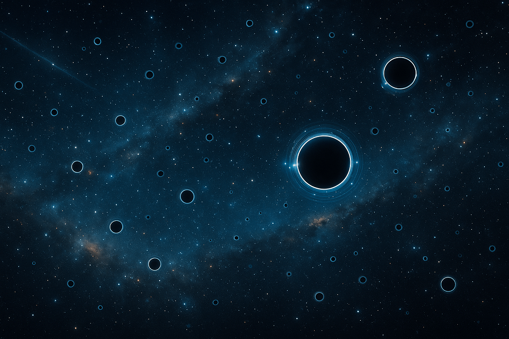 A Science-Fiction Author Accidentally Wanders Into a New Dark Matter Hypothesis. Digital illustration of a star field populated with tiny gravitational lenses representing micro black holes scattered across the cosmos.
